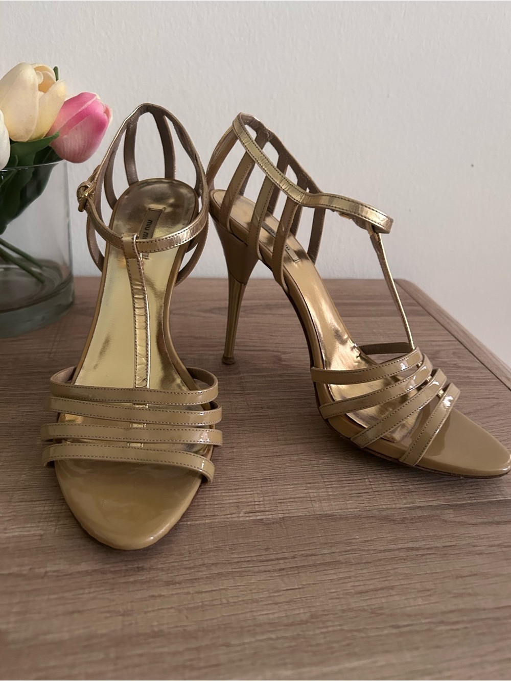 Miu Miu Nude & Gold Patent Leather T strap Cage Heel Sandals size 37.5 / US 7